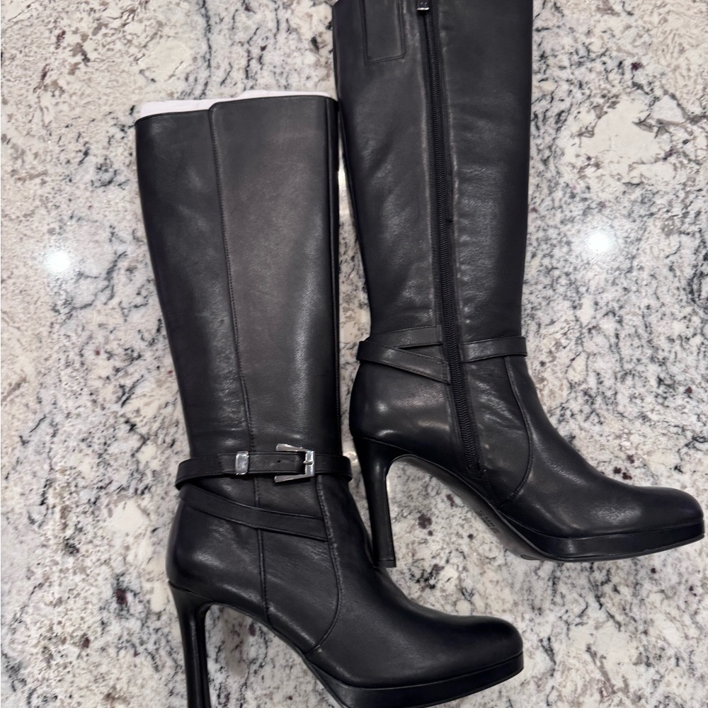 TAELYNN Black Leather Knee-High Platform Heeled Boots Size 9.5 - Picture 8 of 8